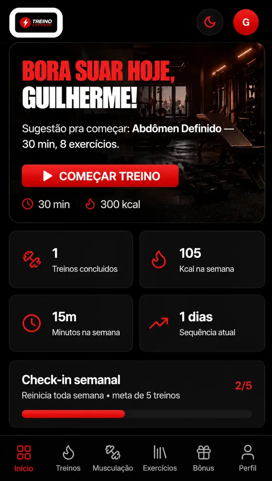 Dashboard do app Treino Express no celular