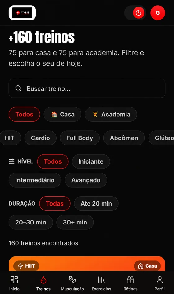 Tela de treinos do app Treino Express no celular
